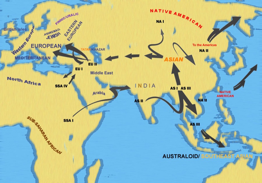 Map of early human migrations out of Africa