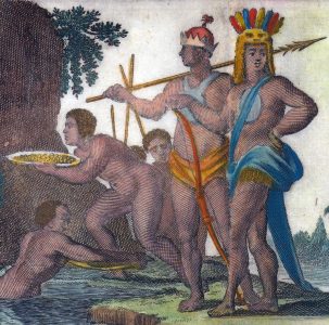 Dark-skinned Austronesian workers panning for gold in 17th century Florida (North Georgia)